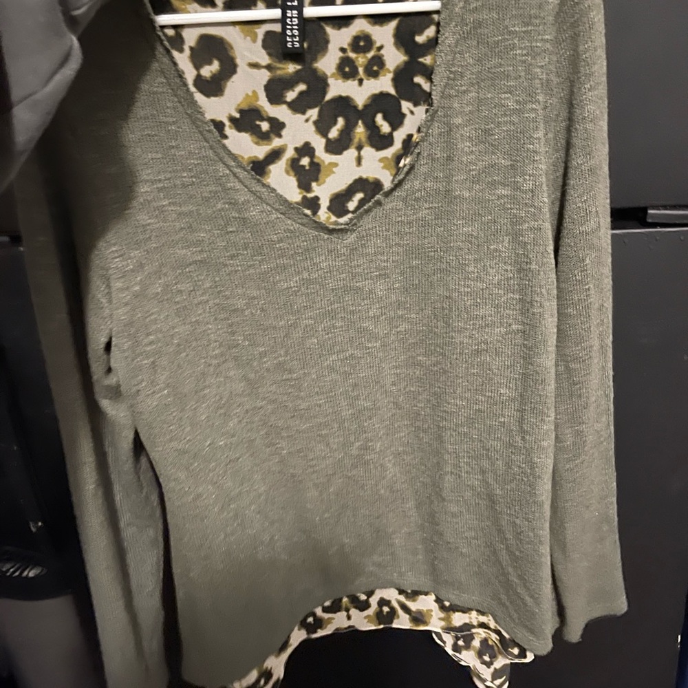 Lord & Taylor Gray Sweater with leopard underlay